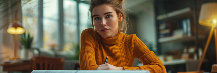 Female architect drawing blueprints in office, designer drafting construction plans.