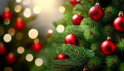 Obraz premium Christmas tree greenery close-up blurred background with red decorations and bokeh lights