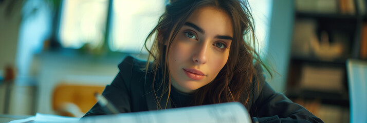 Female architect drawing blueprints in office, designer drafting construction plans.