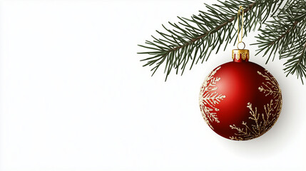 Classic Red Christmas Ornament with Gold Designs Hanging from Pine Branch