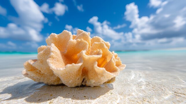  a coral on the beach with a blue sky in the background The coral is in the foreground, with the water lapping against the shore and the sky filled with white, fluf