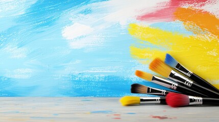 Fototapeta premium a wooden table with a bunch of paint brushes sitting on top of it The background is a combination of blue, white, yellow, red and orange colors, creating a vibrant
