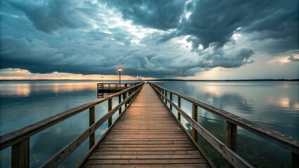A cozy pier extending into the water under a stormy sky.