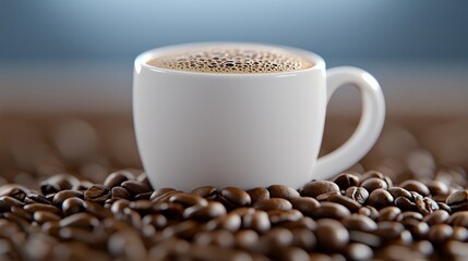 Naklejka premium a cup of coffee sitting atop a pile of coffee beans, with a blurry background