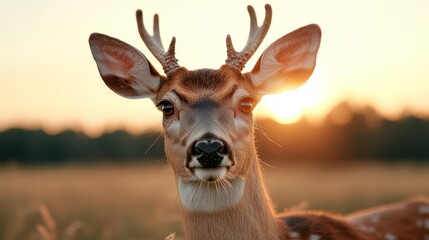 Obraz premium a white-tailed deer standing in a field at sunset, with a blurred background The deer is in focus, while the background is slightly blurred, giving the image a dre