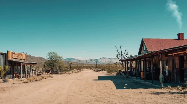 Wild West town under the scorching sun, rustic wooden buildings in a dusty frontier landscape  
Seamless looping 4k time-lapse virtual video animation Generated AI
