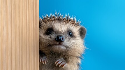  a cute hedgehog peeking out from behind a wooden door, with a blue background