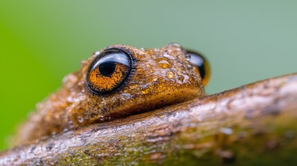  a close up of a brown and black salamander perched on a tree branch with water droplets glistening on its eyes The background is a lush green color