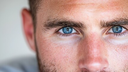 Obraz premium a man with blue eyes looking directly at the camera against a blurred background