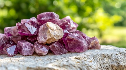 Obraz premium a pile of amethyst crystals sitting atop a rock, with a blurred background The crystals have a deep purple hue, and the rock is a light gray color