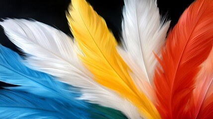 Obraz premium a vibrant array of colorful feathers on a black background, creating a striking contrast between the bright colors of the feathers and the darkness of the backgroun