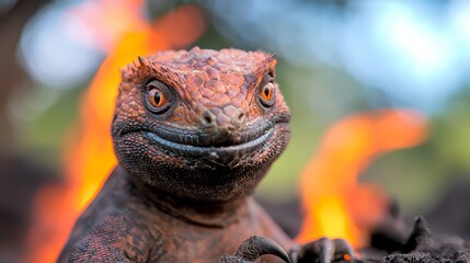 a marine iguana sitting atop a rock in the Galapagos Islands, with a blurred background