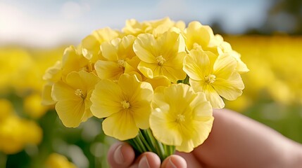 a person holding a bunch of bright yellow flowers in their hand, with a blurred background