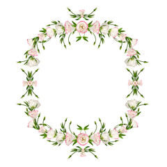 Fototapeta premium Festive frame of delicate Eustoma flowers. Floral arrangement for wedding invitations, holiday cards, collages, frames.