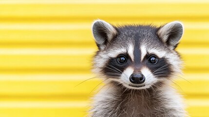 Obraz premium a baby raccoon looking at the camera with its white, black and brown fur standing out against a bright yellow background