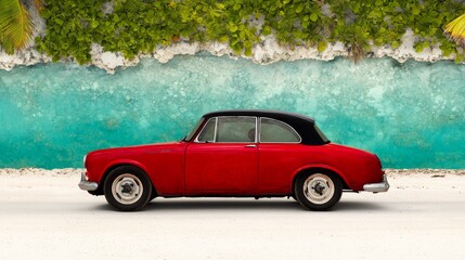 Fototapeta premium an old red car parked in front of a blue wall, with a few leaves visible at the top of the image