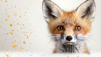 Fototapeta premium a red fox with blue paint on its face, set against a white background The fox has a bright red coat with white patches, and its eyes are a deep black Its ears are