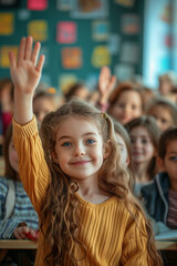 Fototapeta premium Elementary school girl raising her hand in the classroom.