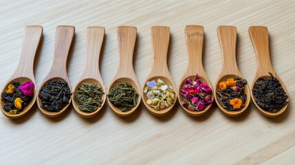 Naklejka premium Different kinds of Tea leaves laying on Spoons