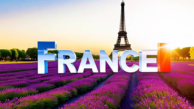 The word "France" in bold letters with a lavender field and the Eiffel Tower in the background at sunrise