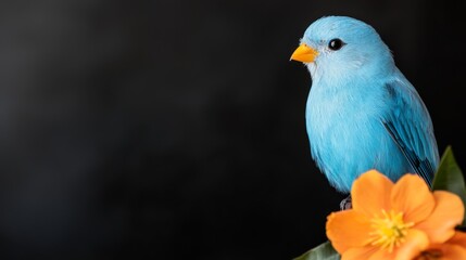 Obraz premium a blue bird perched atop an orange flower, surrounded by lush green leaves The background is a deep black, creating a striking contrast with the vibrant colors of