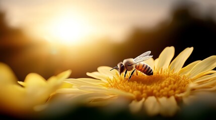 Naklejka premium a bee on a yellow flower with the sun in the background, creating a beautiful and vibrant HD wallpaper