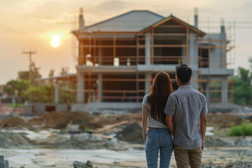 Couple looking happily at their house, house construction