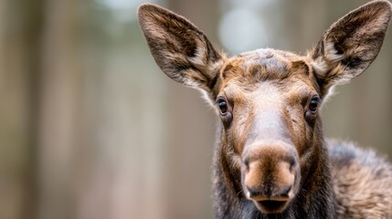 Fototapeta premium a close up of a moose looking at the camera with a blurred background The moose is brown and black in color