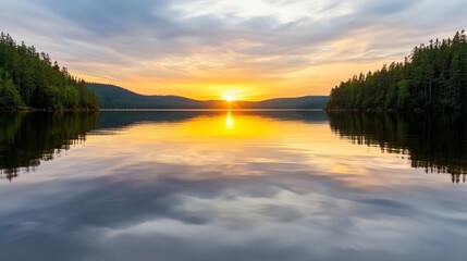 Obraz premium a beautiful sunset over a lake with trees in the background The lake is surrounded by hills and the sky is filled with clouds The sun is setting in the distance,