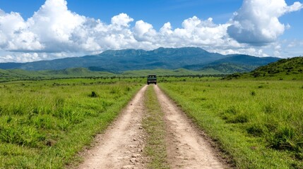 a jeep driving down a dirt road surrounded by lush green grass and trees, with majestic mountains in the background and a bright blue sky dotted with white clouds