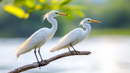 Obraz premium two white egrets perched atop a tree branch, surrounded by lush green leaves and a tranquil body of water in the background