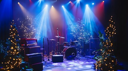 Festive stage setup with musical instruments, Christmas trees, and colorful lighting.