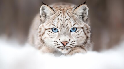 Obraz premium a lynx with blue eyes peeking out from behind the snow, its fur blending in with the blurred background