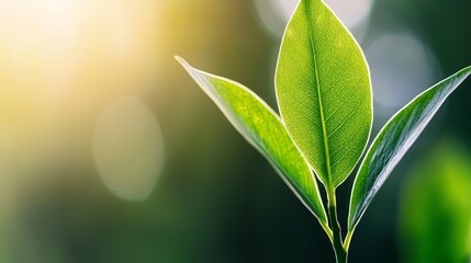 Obraz premium a green leaf with water droplets on it, set against a blurred background The leaf is vibrant and lush, with a glossy sheen that reflects the light The droplets of
