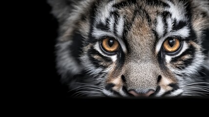 Obraz premium a close up of a tiger's face with yellow eyes against a black background The resolution of the image is 1920x1080