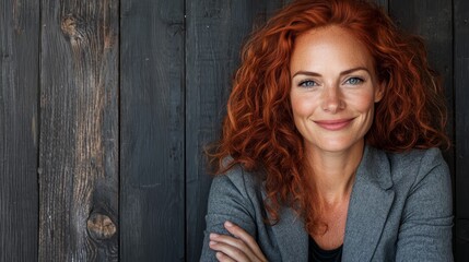 Fototapeta premium a woman with red hair smiling at the camera while leaning against a wooden wall She is wearing a white shirt and her hair is styled in a way that frames her face