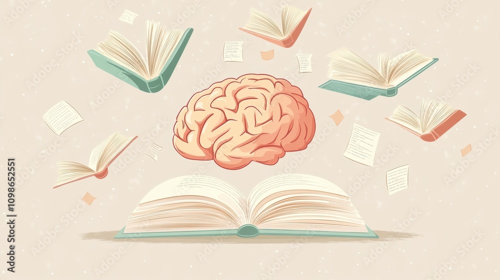 Aufkleber A brain sits above an open book with pages flying around, illustrating the connection between knowledge and learning in an educational setting. Generative AI