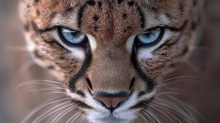Obraz premium a close up of a cheetah's face with blue eyes, set against a blurred background