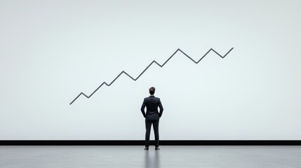 Fototapeta premium Businessman Observing Growing Line Graph on Wall, Representing Financial Growth and Success in a Minimalistic Office Environment for Corporate Use