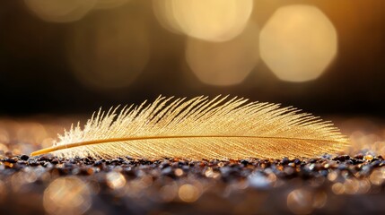  a golden feather resting on the ground with a blurred background The feather is the focal point of the image, with its intricate details and vibrant color standing