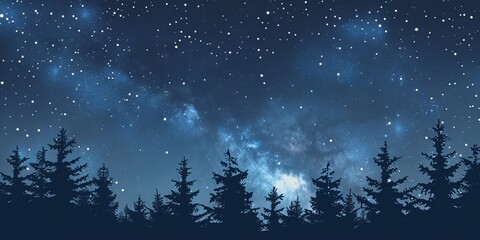Fototapeta premium Beautiful starry night sky over a forest with silhouetted pine trees, capturing the serene beauty of nature.