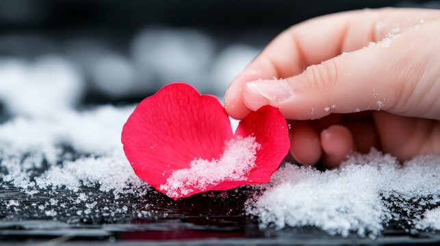  a person holding a red rose petal in their hand, surrounded by a blanket of snow The petal is a vibrant red color, and the snow is a pristine white, creating a bea