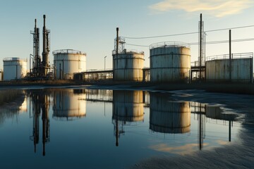 Fototapeta premium Industrial landscape with oil refinery tanks reflecting on water at sunset