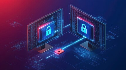 Secure File Transfer Concept With Encrypted Data Movement Between Computer Monitors. Generative AI