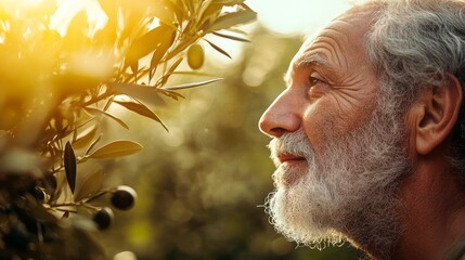 Portrait of an elderly man with a gray beard observing olive trees in an orchard with space for text or inscriptions