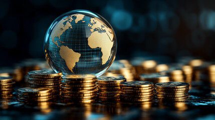 A glass globe rests on stacks of golden coins, symbolizing global finance and wealth. Concept of economy, wealth, and globalization. For financial articles