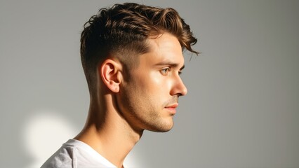 Obraz premium Profile of a young man with stylish haircut and neutral expression against gray background