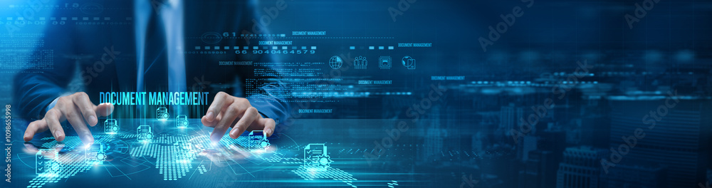 Poster a futuristic digital interface with a focus on the word 'document management. hands are interacting 