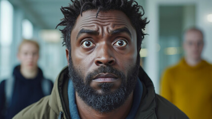 Obraz premium A man with a surprised look on his face in front of a group of people