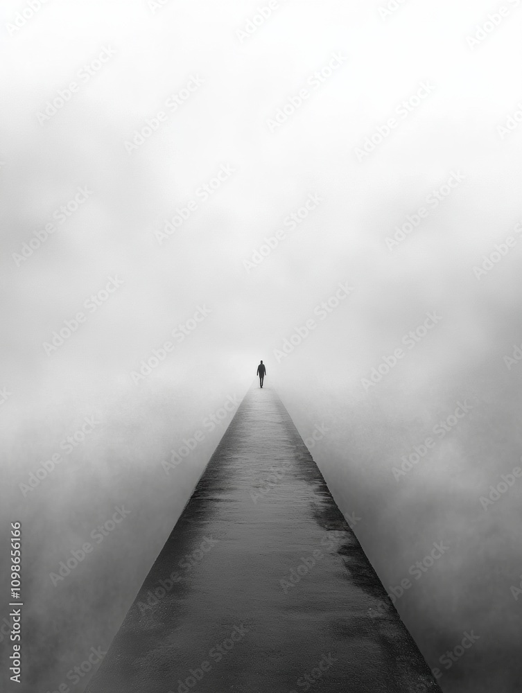 Aufkleber A lone figure traverses a vast, empty bridge enveloped in thick mist, creating a sense of solitude and introspection at dawn. Generative AI